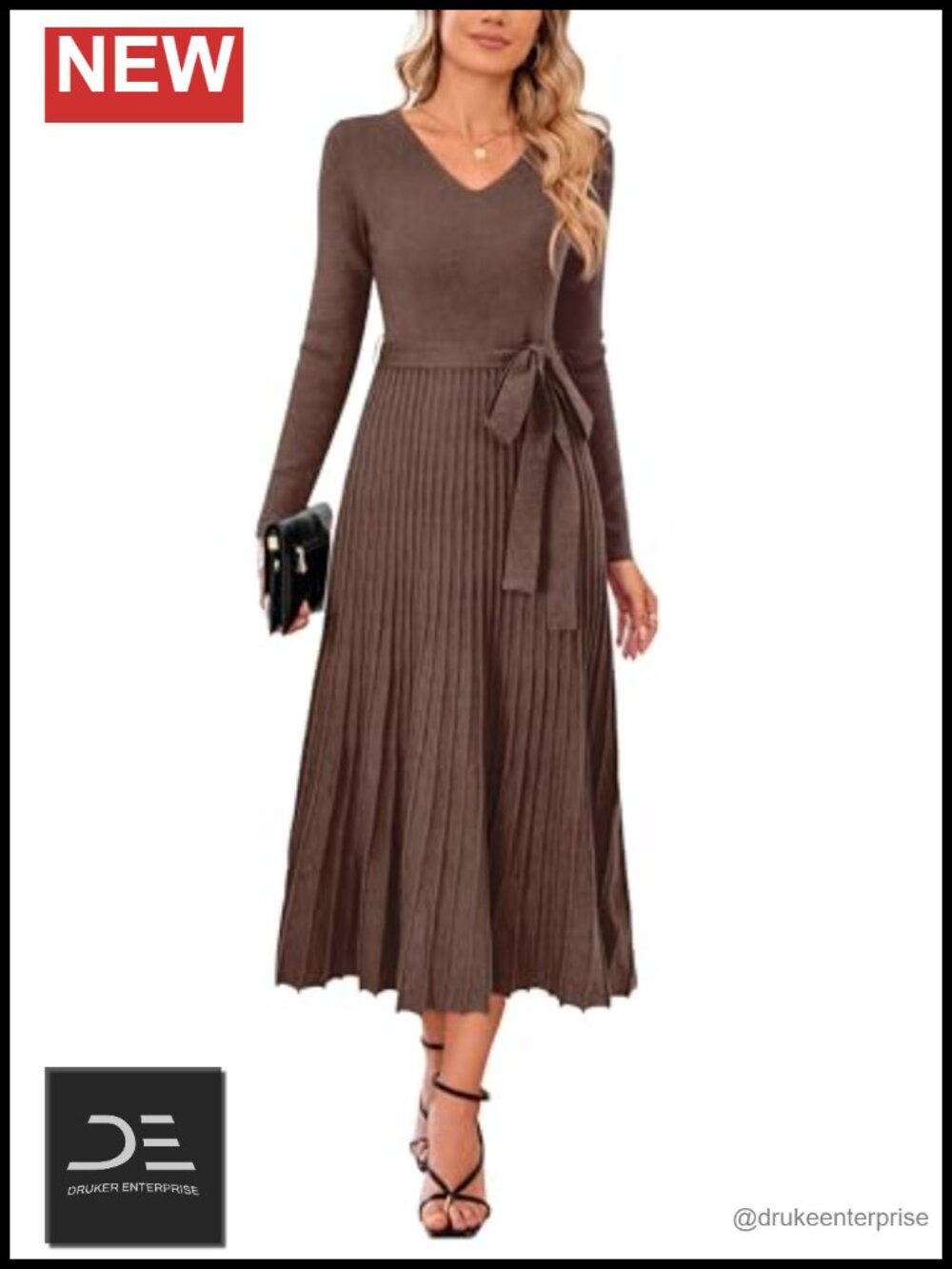 Wool Blend V-Neck Tie Waist Long Sleeve Midi Sweater Dress
